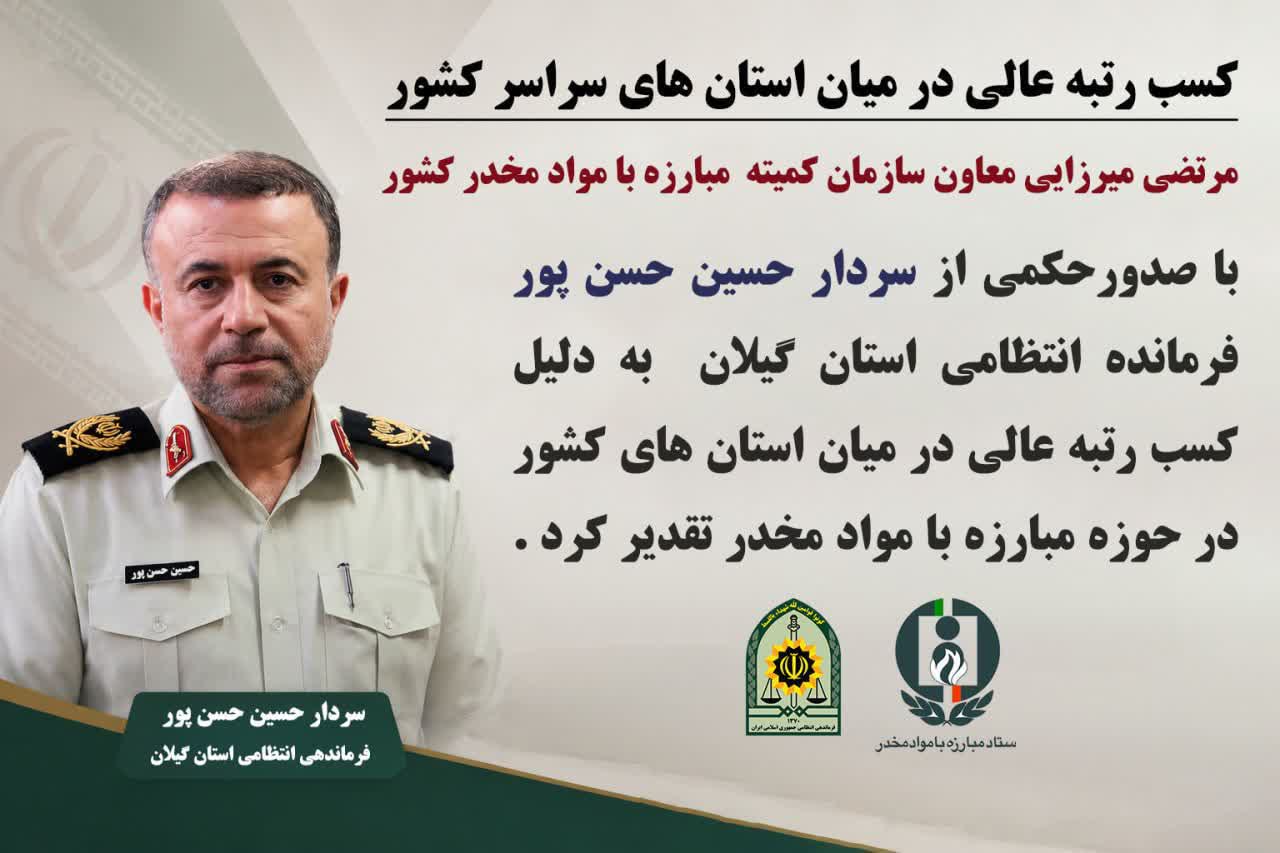 کمیته مبارزه با مواد مخدر کشور از فرمانده انتظامی گیلان تقدیر کرد